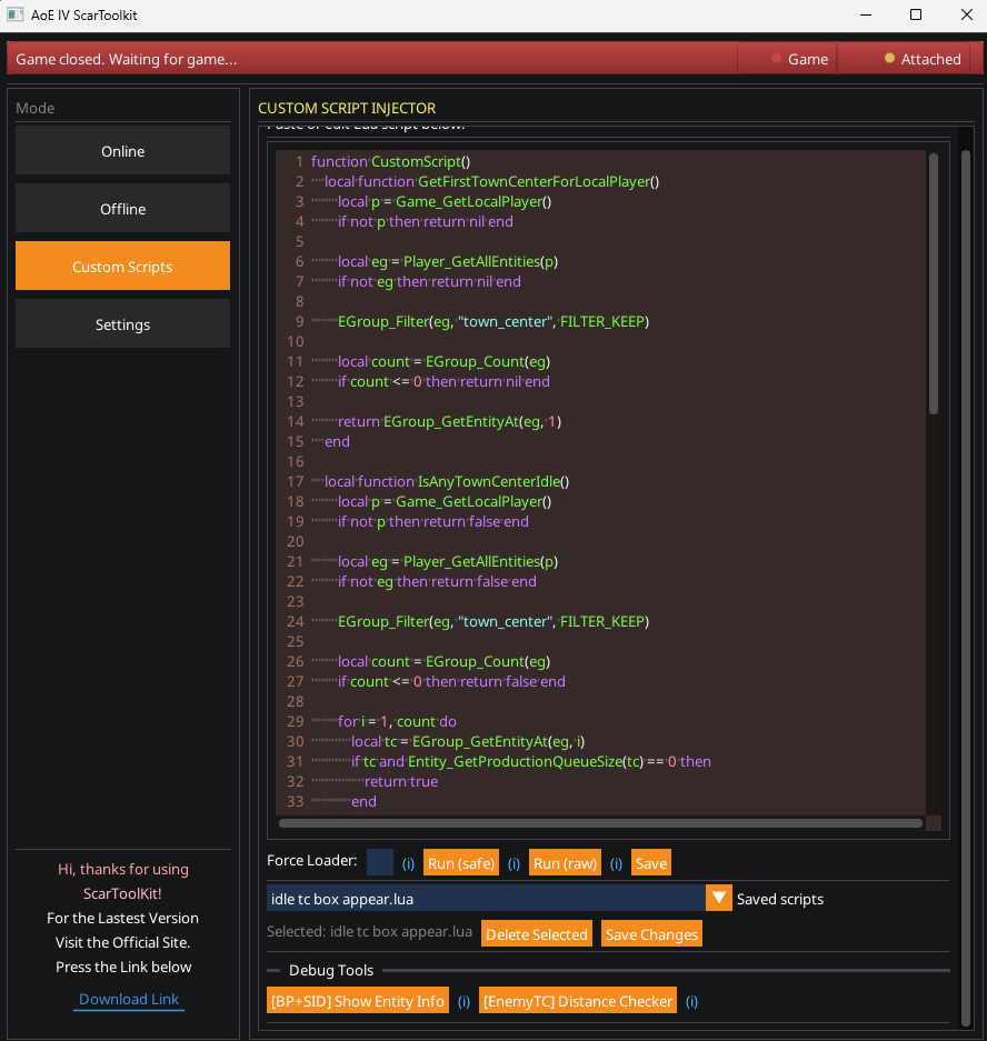 SCAR Toolkit script editor and injector for AoE4 SCAR and Lua