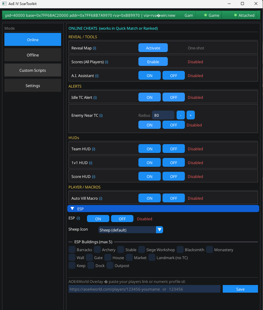SCAR Toolkit Online tab with AoE4 HUD overlays and alerts enabled