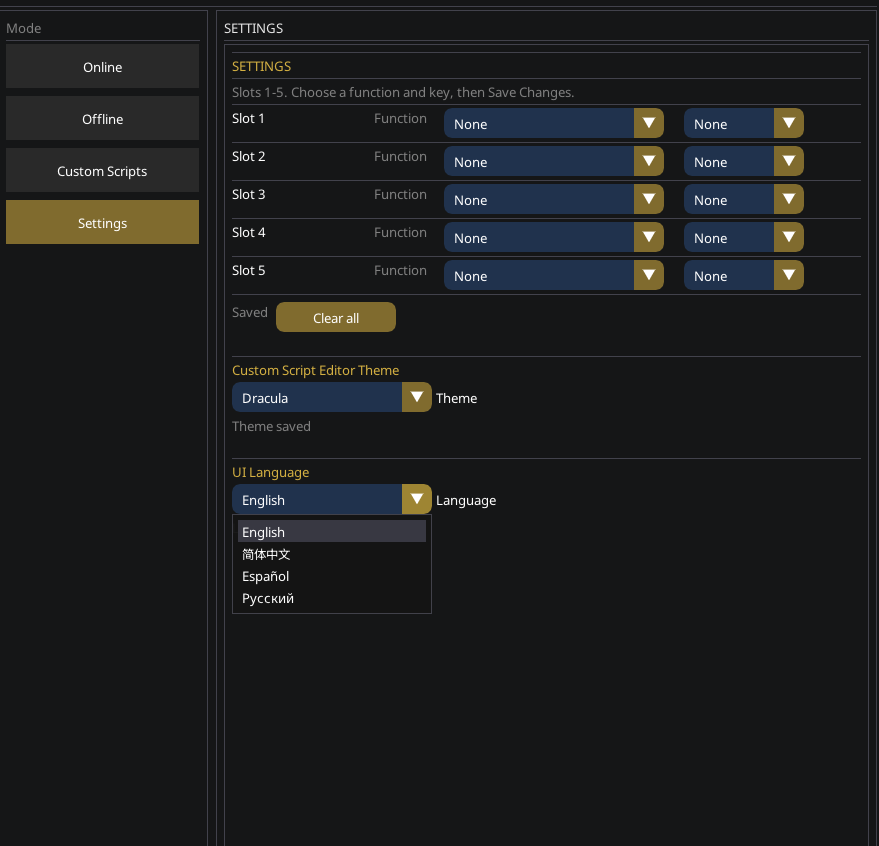 SCAR Toolkit settings tab with hotkeys, quick slots and theme options