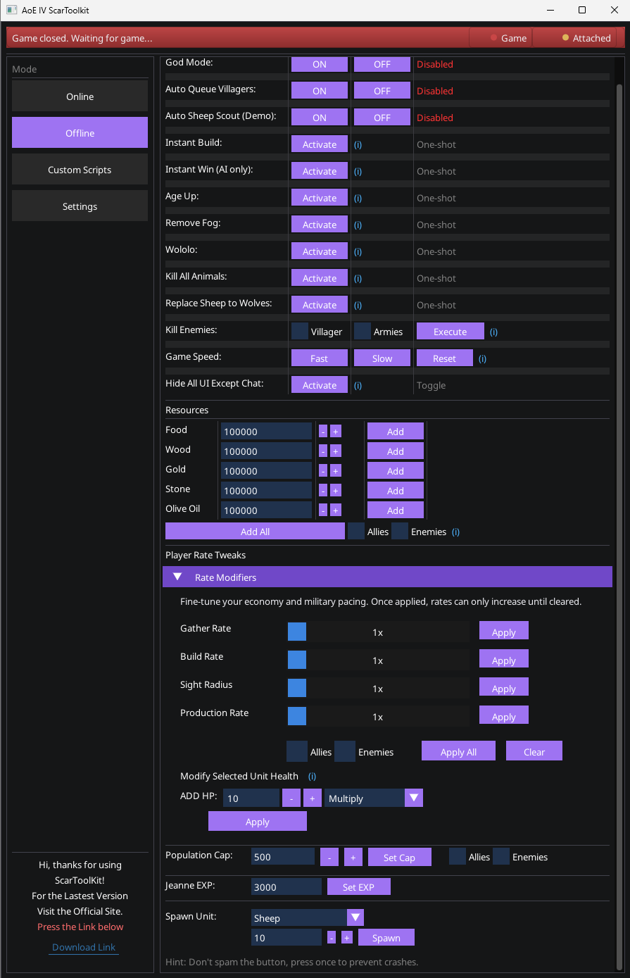 SCAR Toolkit Offline tab as AoE4 sandbox and testing lab